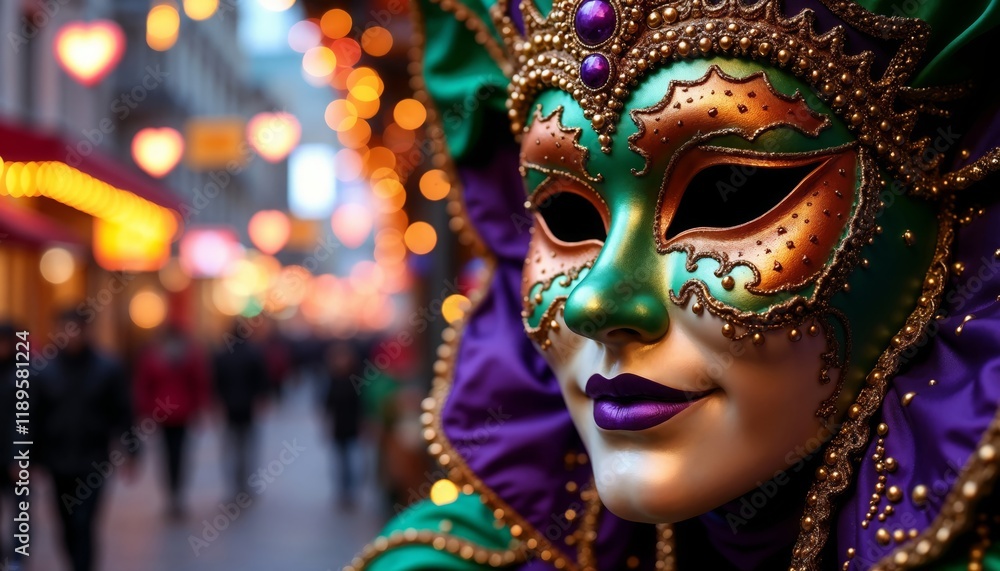 Vibrant carnival mask with gold and green patterns and heart-shaped lights. carnival promotions, party invitations, and festive campaigns.The dazzling spirit of celebration and mystery.Festivity.
Vibrant carnival mask with gold and green patterns and heart-shaped lights. carnival promotions, party invitations, and festive campaigns.The dazzling spirit of celebration and mystery.Festivity.
