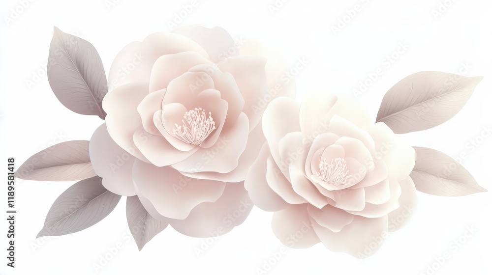 two pale pink camellia flowers with gray leaves on white two pale pink camellia flowers with gray leaves on white