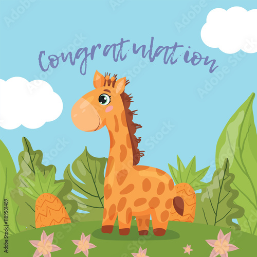 Whimsical congratulation card featuring a giraffe surrounded by tropical leaves, flowers, and pineapples on a bright blue background. Perfect for celebrations, kids' events, and cheerful decorations, 