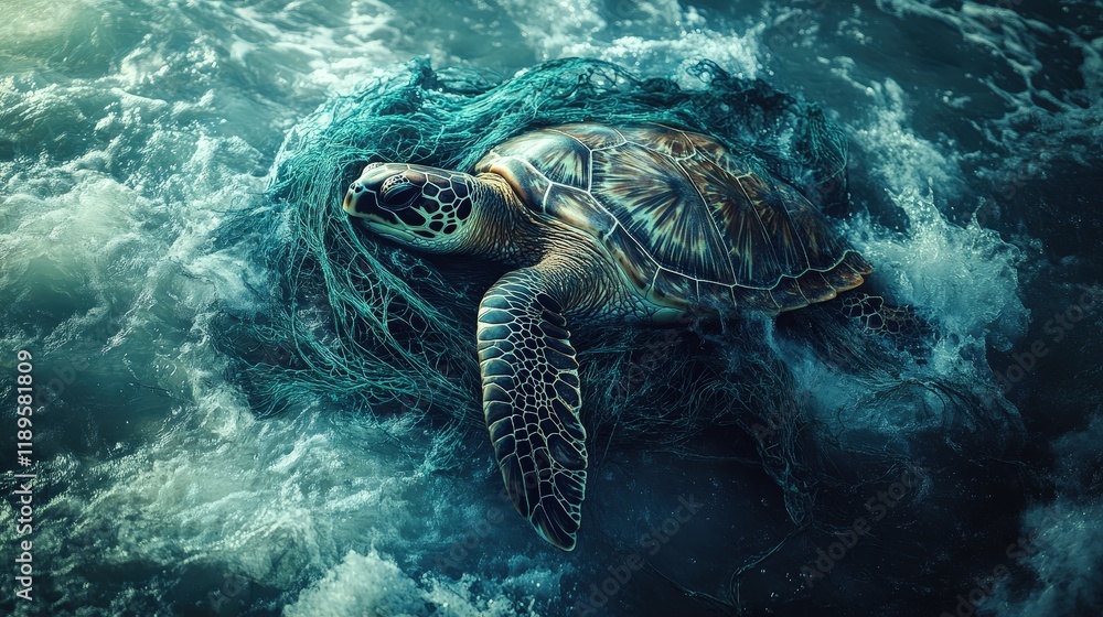 Obraz premium A turtle is trapped in fishing nets, sinking slowly beneath the turbulent water's surface. The surrounding environment is dark and murky, highlighting the turtle's struggle and vulnerability