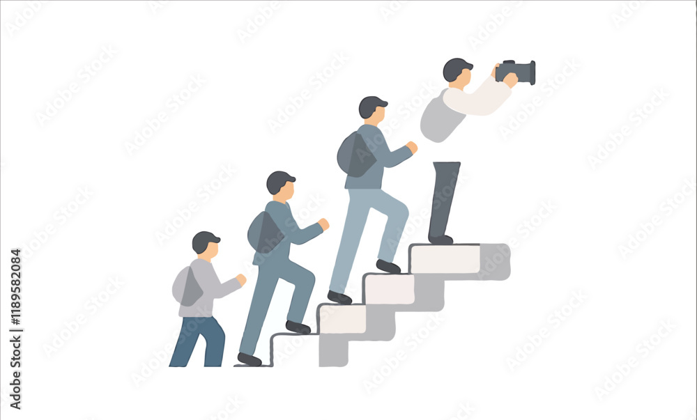 Business Leadership Concept. Vector illustration in flat style of a group of diverse people in business outfits walking up the steps following a leader looking ahead. Isolated on background Business Leadership Concept. Vector illustration in flat style of a group of diverse people in business outfits walking up the steps following a leader looking ahead. Isolated on background