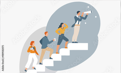 Business Leadership Concept. Vector illustration in flat style of a group of diverse people in business outfits walking up the steps following a leader looking ahead. Isolated on background