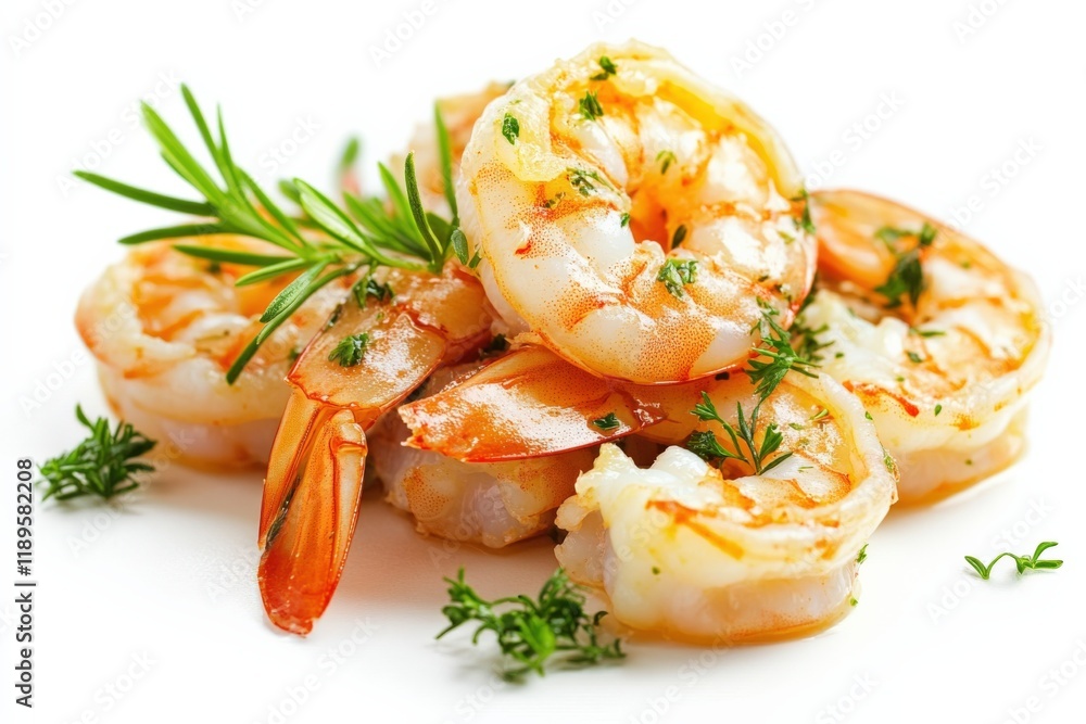 cooked shrimp with rosemary and herbs on a white background cooked shrimp with rosemary and herbs on a white background