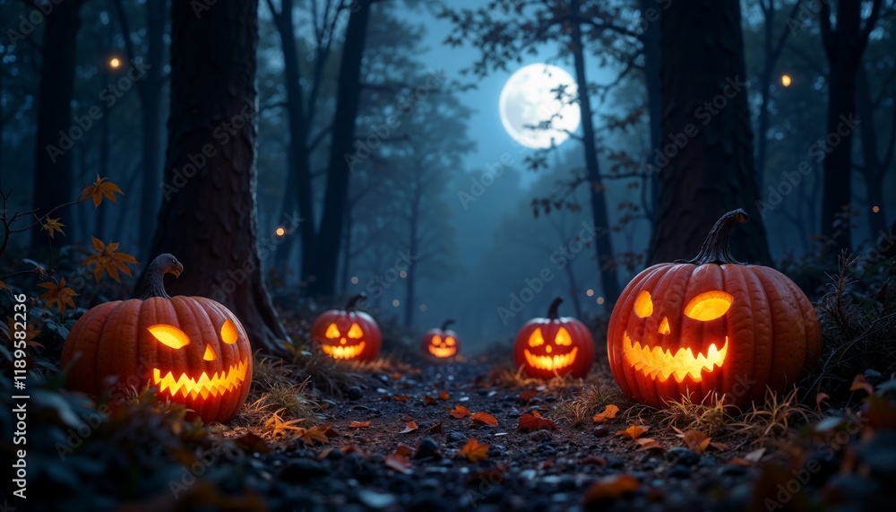 Fototapeta premium Moonlit forest path with glowing jack-o'-lanterns and autumn leaves.Halloween posters, event flyers, and spooky digital designs.Mystery. Festivity. The eerie magic of Halloween night.
