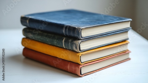 Stacked books with colorful covers resting on a white table in a cozy reading...