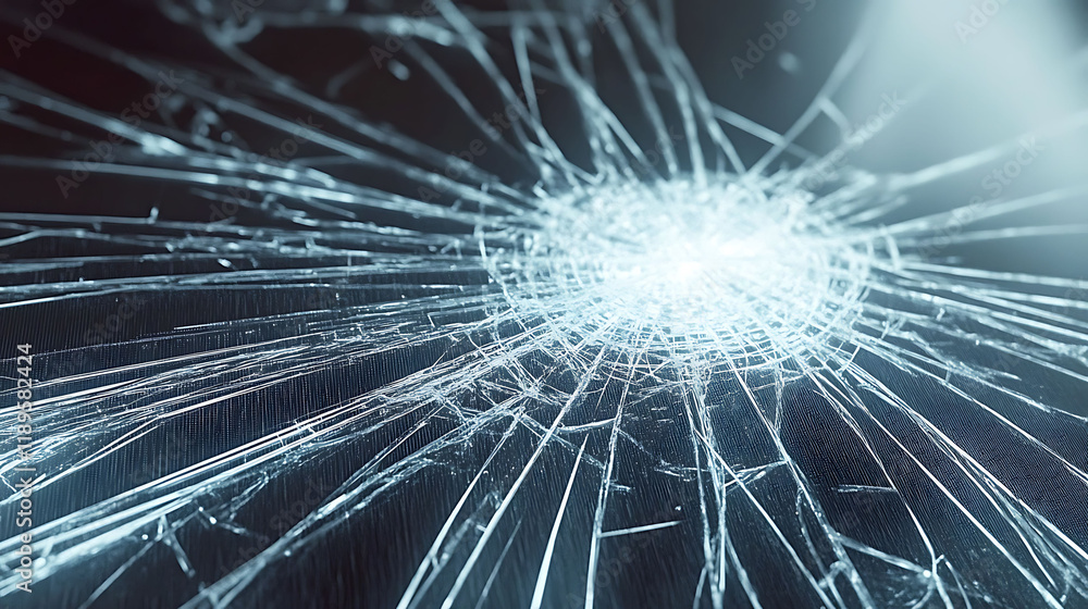 Fototapeta premium Dramatic closeup of a shattered screen, showcasing a radial crack pattern. Perfect for illustrating concepts of damage, fragility, or technological failure.