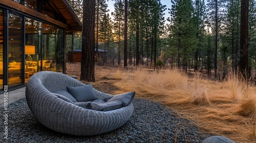 Relaxing Wicker Patio Chair in Mountain Landscape Sunset View