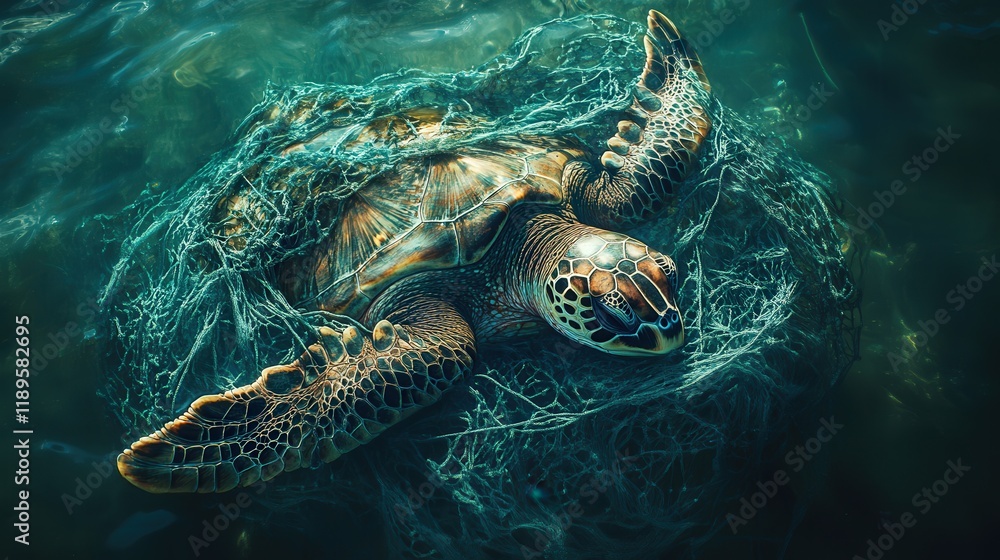 Fototapeta premium A turtle is trapped in fishing nets, struggling as it sinks deeper into the water. The scene highlights the dangers of marine pollution and the impact on sea life