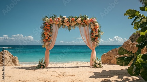 Beach wedding altar adorned with flowers and fabric under bright blue sky