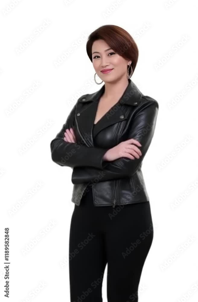 A woman with short styled hair and hoop earrings stands confidently with arms crossed, wearing a black leather jacket and pants on a plain white background. A woman with short styled hair and hoop earrings stands confidently with arms crossed, wearing a black leather jacket and pants on a plain white background.