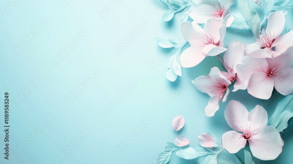Obraz premium Delicate Pink Flowers on Aqua Background - Spring Floral Design