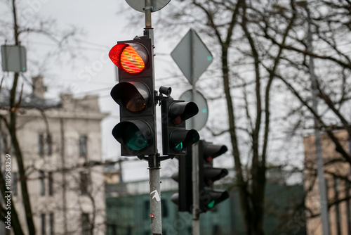 Red traffic light signal on black traffic light, europe, european
