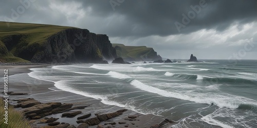 On a stormy morning, the rugged coastline of Widemouth Bay is bathed in a dull, gloomy light, darkness, stormy morning photo