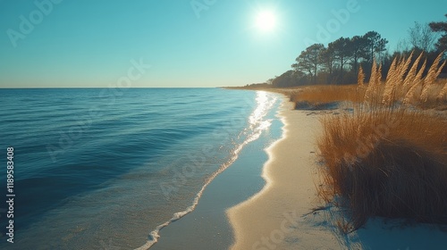 Serene tropical beach with turquoise water and lush mountains on a sunny day