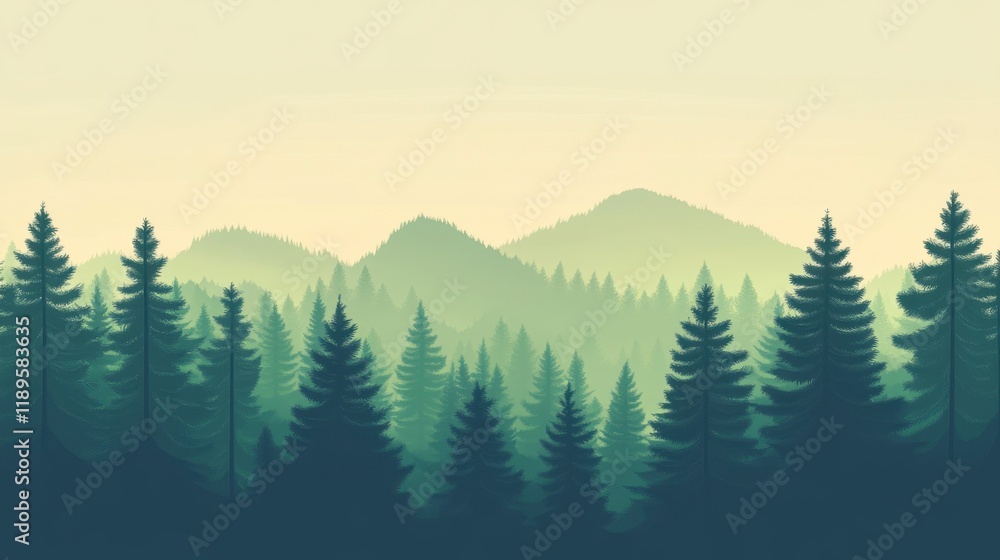 Fototapeta premium Serene Misty Mountain Forest Silhouette - Peaceful Nature Background