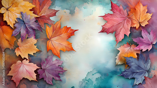 Autumn leaf fall frame. colorful maple leaves with watercolor background. Leafglow. Illustration photo