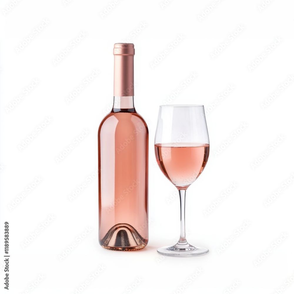 Elegant bottle of rosé wine alongside a filled wine glass, set against a clean white background for a refined presentation. Elegant bottle of rosé wine alongside a filled wine glass, set against a clean white background for a refined presentation.