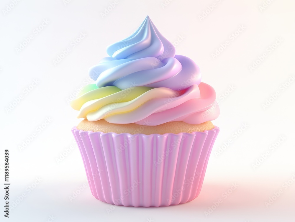 Colorful cupcake with soft pastel rainbow frosting in a pink wrapper, creating a whimsical and sweet dessert presentation. Colorful cupcake with soft pastel rainbow frosting in a pink wrapper, creating a whimsical and sweet dessert presentation.