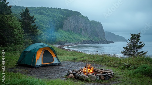 Camping by a tranquil beach with an orange tent and a warm campfire in the pe...