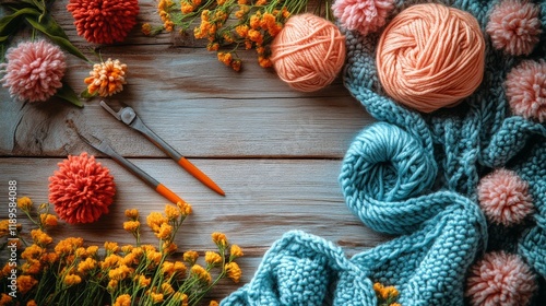 Crafting a cozy knit with vibrant yarn and seasonal flowers on a wooden table