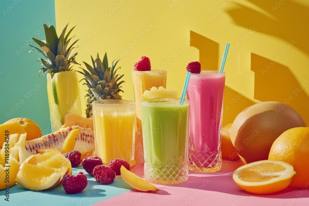 Fototapeta premium Four fruit smoothies in glasses, surrounded by fresh fruit like pineapple, raspberries, oranges, and melon