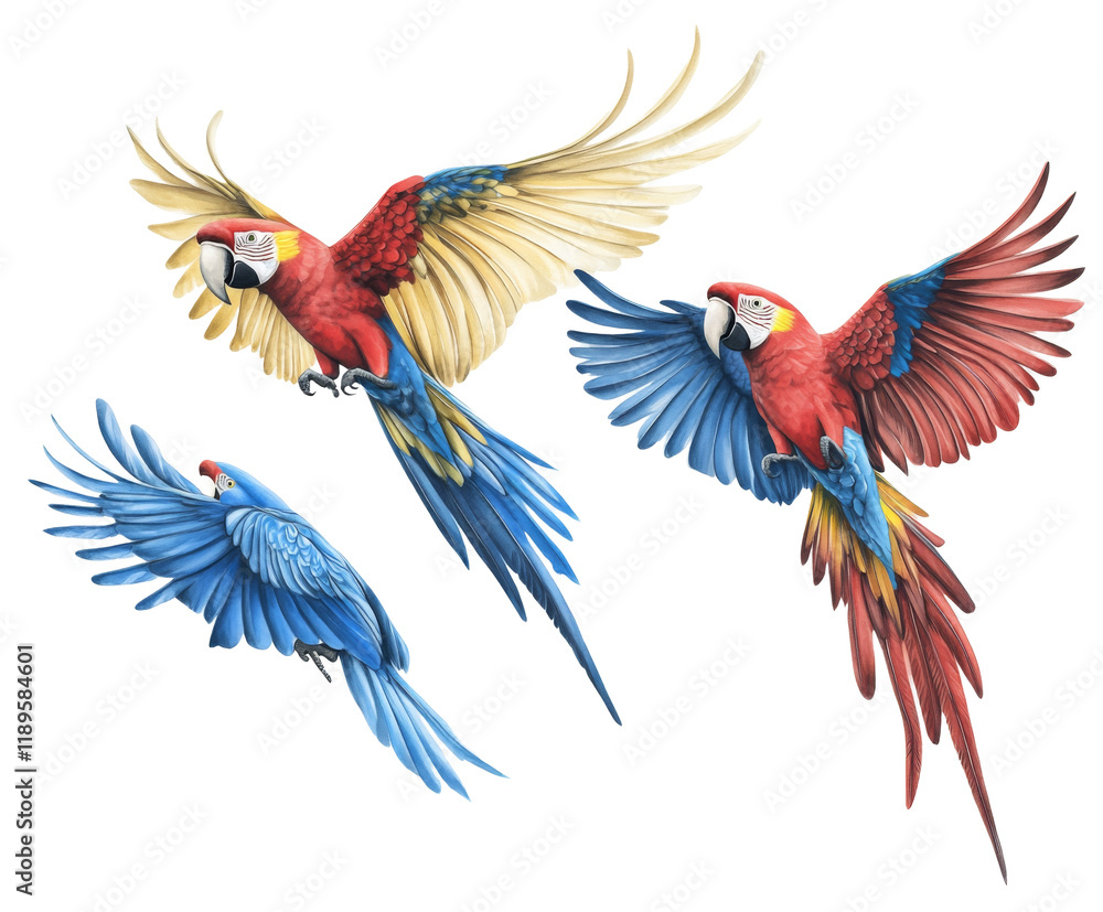 Fototapeta premium Stunning Colorful Parrots in Flight: A Vibrant Artistic Representation of Tropical Birds , isolated on white background PNG