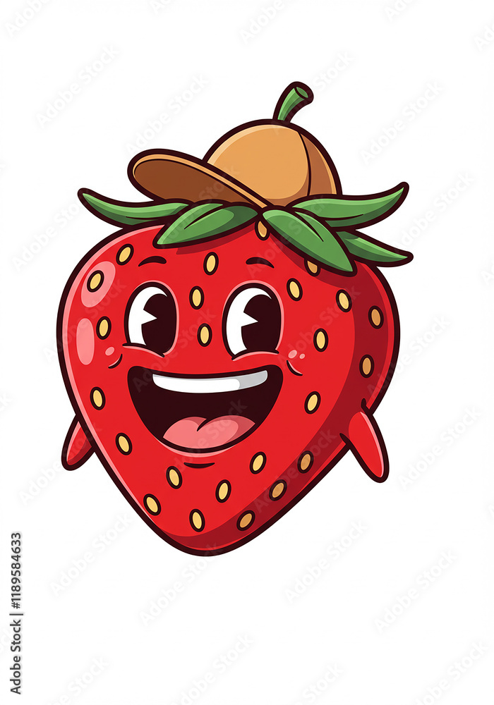 Obraz premium Happy Cartoon Strawberry Character Wearing a Hat Fruit Illustration Mascot Design