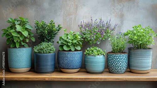 Succulent arrangement on wooden shelf in bright indoor light with unique cera...