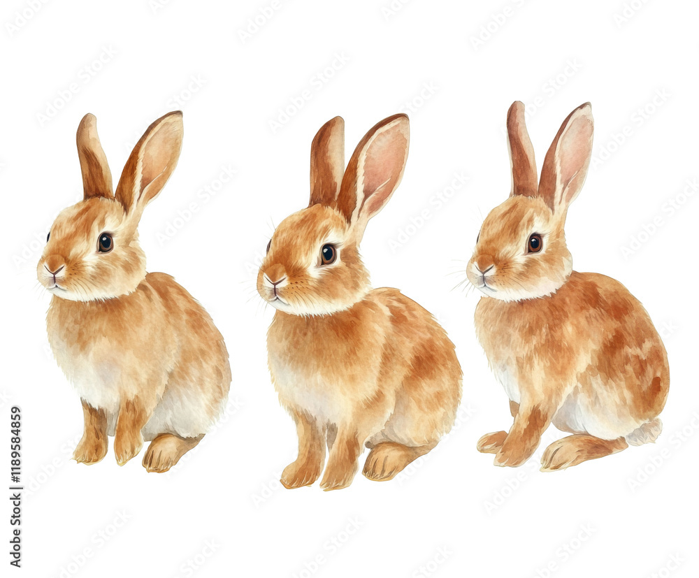 Fototapeta premium Three Adorable Watercolor Rabbits, Perfect Spring Illustration for Kids , isolated on white background PNG