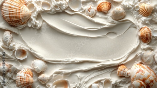 Creamy texture with seashells arranged on a smooth surface inspired by a beac...