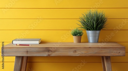 Green plants and books arranged on a wooden shelf against a blue wall in a co...