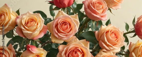 Overlapping red rose buds with soft peach hues against a pale yellow background , floral, peach hue
