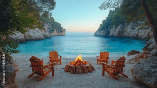 Campfire glowing on a serene beach at twilight surrounded by lush trees