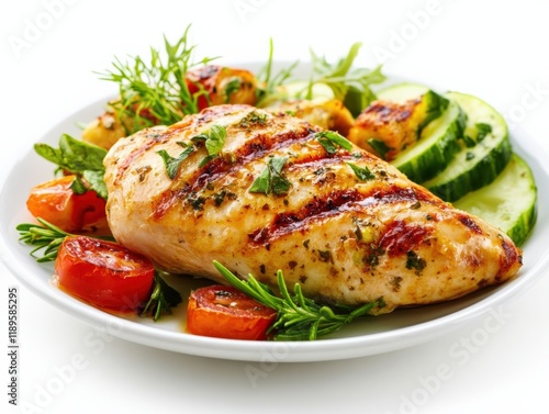 close up of grilled chicken breast with vegetables on a plate