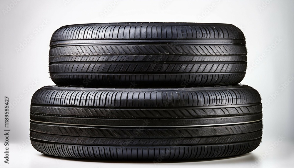 stack of black automobile tires showcasing detailed tread texture on a white background for automotive and transportation concepts stack of black automobile tires showcasing detailed tread texture on a white background for automotive and transportation concepts