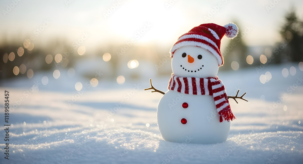 Fototapeta premium Cute winter snowman dressed in red and white stripes with twig arms, standing on a snowy landscape with a cheerful and warm holiday atmosphere