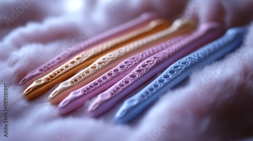 Colorful crochet hooks arranged neatly on soft fabric for crafting enthusiasts