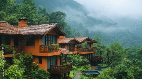 Mountain resort with vibrant cottages and lush landscaping during golden hour