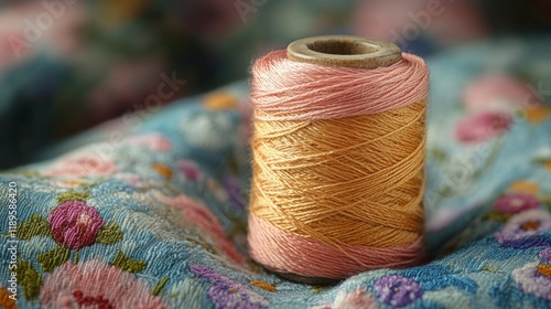 Elegant spool of thread resting on a floral embroidered fabric in a cozy work...