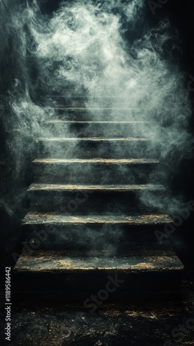 Mysterious staircase shrouded in fog with dim lighting creates an eerie atmos...