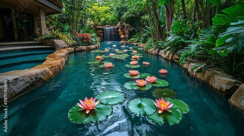 Serenity in a tropical oasis with waterfalls and beautiful water lilies at a ...