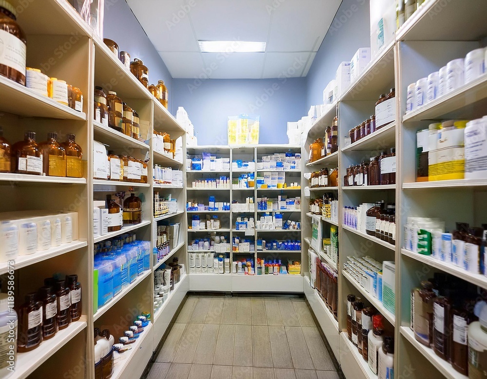 Obraz premium Pharmacy shelves stocked with medicine bottles, illustrating healthcare, pharmaceuticals, and medical supplies.