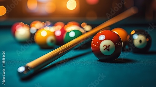 Colorful billiard balls lined up on a vibrant pool table under soft lighting