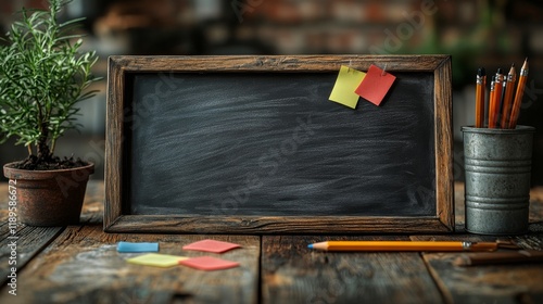 Rustic chalkboard setup with writing tools and decor elements in a cozy works...