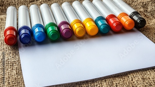 Colorful assortment of gel pens arranged on a vibrant blue background with bl...