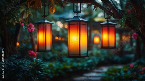 Beautiful lanterns illuminate a serene garden pathway during twilight hours