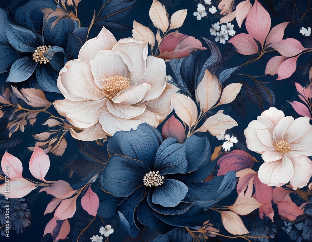 custom made wallpaper toronto digitaldark blue and pink floral pattern with white flowers