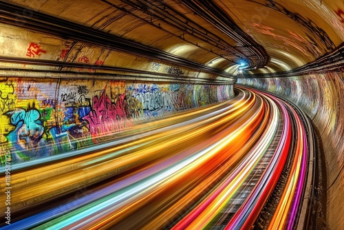 Vibrant Light Trails in a Graffiti-Lined Tunnel Urban Night Photography