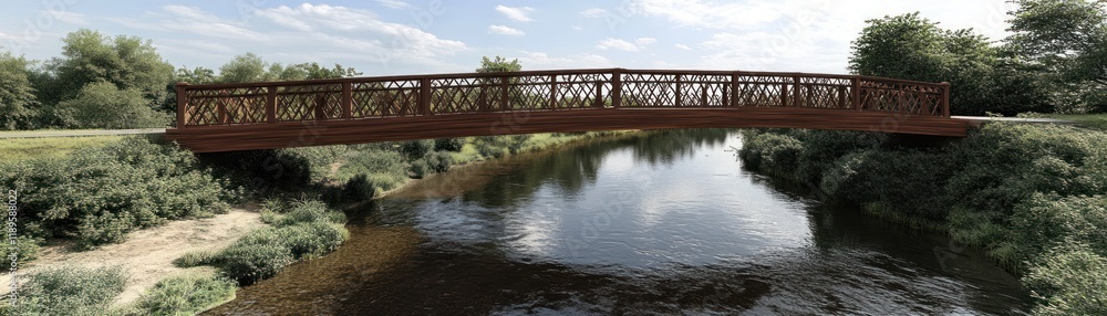 Naklejka premium Scenic Wooden Bridge Over Tranquil River in Lush Landscape Surrounded by Nature's Beauty