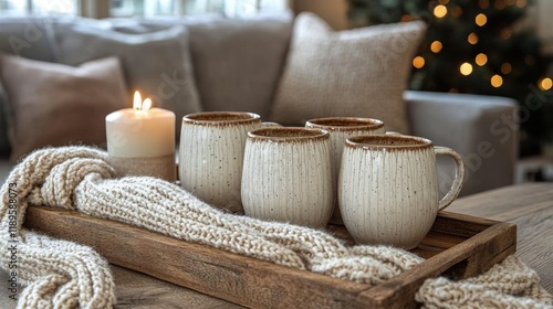 Warm coffee mugs arranged on a wooden tray in a cozy setting with soft lights